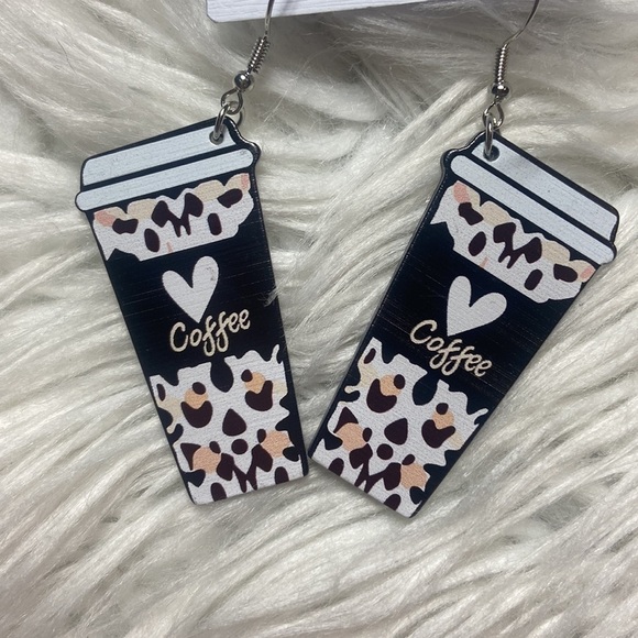 Love Coffee Leopard Print Wooden Dangle Earrings - Picture 2 of 3